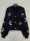 Stylish Sun & Moon Pattern Crop Knitted Cardigan - Chic Button Front, Lantern Sleeve, Cozy, Soft, and Warm for Spring & Fall - Women's Chic Clothing for Everyday Wear