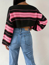 Cozy Striped Boat Neck Pullover Sweater - Soft, Elegant Lantern Sleeve, Drop Shoulder Crop Design, Comfortable Women's Clothing for Casual Wear