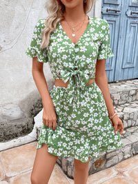 Tied Printed V-Neck Flounce Sleeve Mini Dress