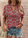 Full Size Printed Notched Short Sleeve Blouse