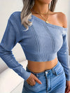 Chic One Shoulder Crop Sweater - Long Sleeve Skew Neck Pointelle Knit Top with Feminine Silhouette - Women's Fashion Clothing for Casual Daily Wear