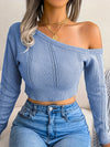 Chic One Shoulder Crop Sweater - Long Sleeve Skew Neck Pointelle Knit Top with Feminine Silhouette - Women's Fashion Clothing for Casual Daily Wear