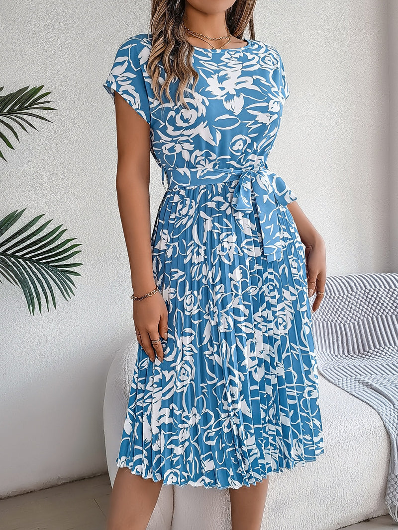 Tied Pleated Printed Short Sleeve Dress