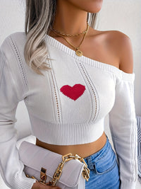 Chic One Shoulder Crop Sweater - Long Sleeve Skew Neck Pointelle Knit Top with Feminine Silhouette - Women's Fashion Clothing for Casual Daily Wear