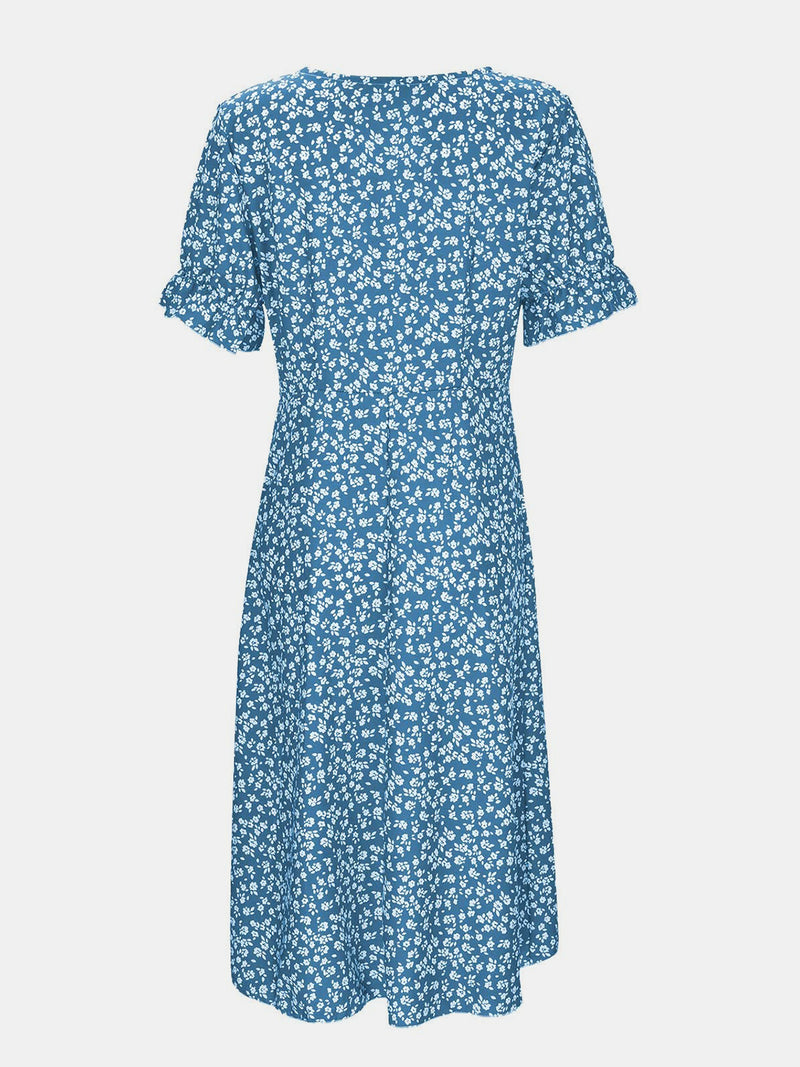 Full Size Printed Surplice Flounce Sleeve Midi Dress