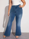 Plus Size Casual Flared Jeans, Women's Plus Angel Wings Print High Stretch High Rise Flared Jeans