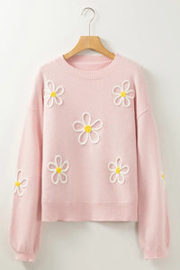 Flower Round Neck Dropped Shoulder Sweater