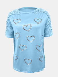 Full Size Lace Detail Heart Round Neck Short Sleeve Top