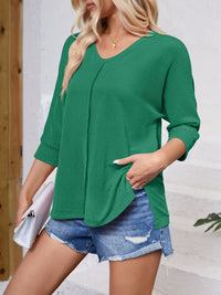 Textured Round Neck Three-Quarter Sleeve Blouse