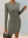 Decorative Button Round Neck Long Sleeve Dress