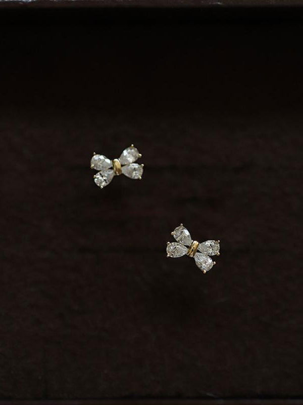 14k gold plated earrings, four diamond bows, sweet design mini earrings - Everydayswear - 