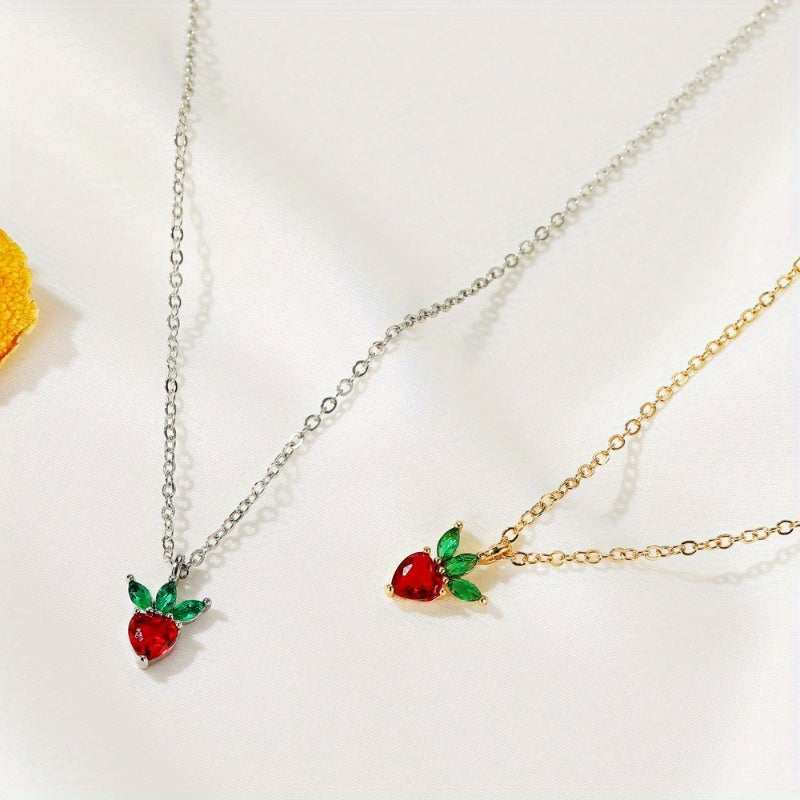 Fruit Strawberry Pendant Necklace, Cute Clavicle Chain, Trendy Party Jewelry, Christmas Halloween Gift, New Year's Gift, Valentine's Day Gift For Women Mom Family Friends