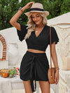 Surplice Flutter Sleeve Top and Tied Shorts Set