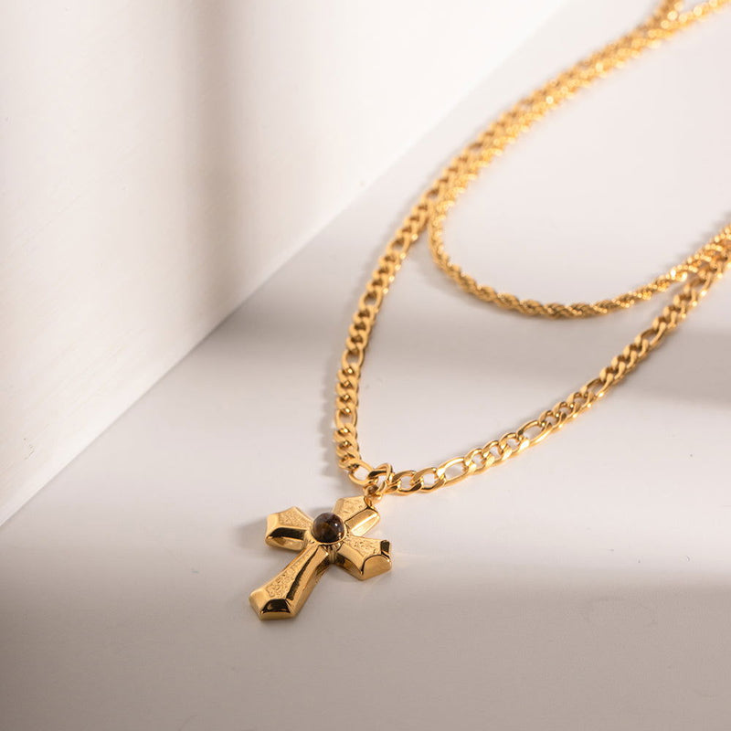 18K Gold-Plated Double Layered Cross Necklace - Everydayswear - 