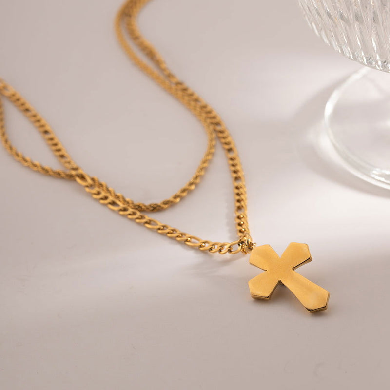 18K Gold-Plated Double Layered Cross Necklace - Everydayswear - 