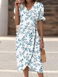 Full Size Printed Surplice Flounce Sleeve Midi Dress