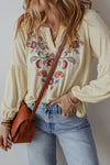 Embroidered Notched Long Sleeve Blouse