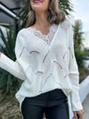 Lace Detail Openwork V-Neck Long Sleeve Sweater