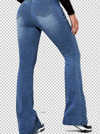 Blue Ripped Holes Flare Jeans, High Stretch Slant Pockets Washed Bell Bottom Jeans, Women's Denim Jeans & Clothing