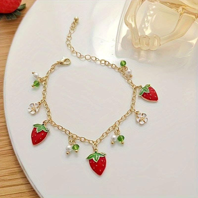 1pc Red Strawberry Tassel Pendant Link Chain Bracelet Cartoon Thin Chain Hand Jewelry For Women Fruit Theme - Everydayswear - 