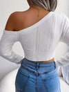 Chic One Shoulder Crop Sweater - Long Sleeve Skew Neck Pointelle Knit Top with Feminine Silhouette - Women's Fashion Clothing for Casual Daily Wear