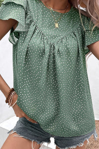 Ruffled Printed Round Neck Cap Sleeve Blouse