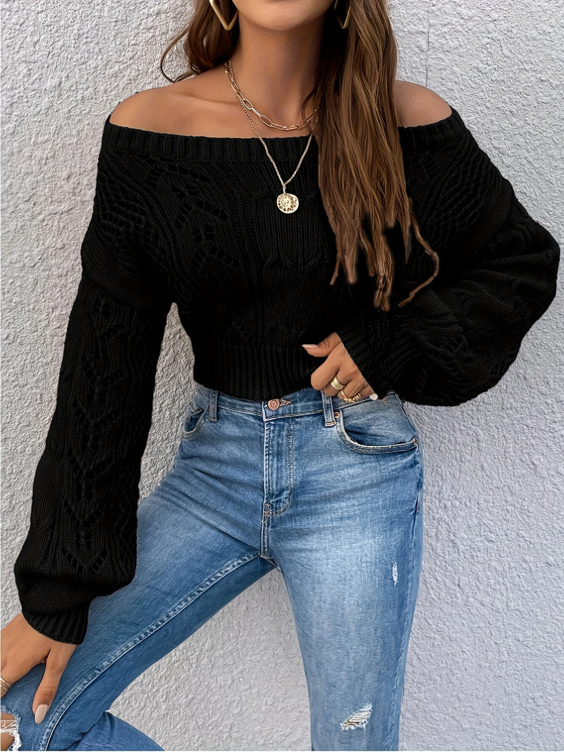 Cozy Pointelle Knit Crop Sweater - Chic Off-Shoulder Design, Relaxed Casual Long Sleeve, Versatile for Spring & Fall, Womens Clothing, Everyday Wear