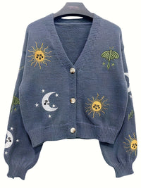 Stylish Sun & Moon Pattern Crop Knitted Cardigan - Chic Button Front, Lantern Sleeve, Cozy, Soft, and Warm for Spring & Fall - Women's Chic Clothing for Everyday Wear