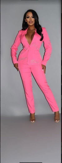 2 Piece Powersuit Blazer & Pants Set With Rhinestone Letterings On Blazer - Everydayswear - 