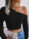 Chic One Shoulder Crop Sweater - Long Sleeve Skew Neck Pointelle Knit Top with Feminine Silhouette - Women's Fashion Clothing for Casual Daily Wear