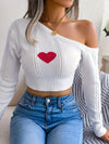 Chic One Shoulder Crop Sweater - Long Sleeve Skew Neck Pointelle Knit Top with Feminine Silhouette - Women's Fashion Clothing for Casual Daily Wear