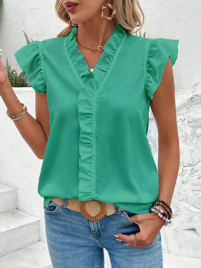 Ruffled V-Neck Cap Sleeve Blouse