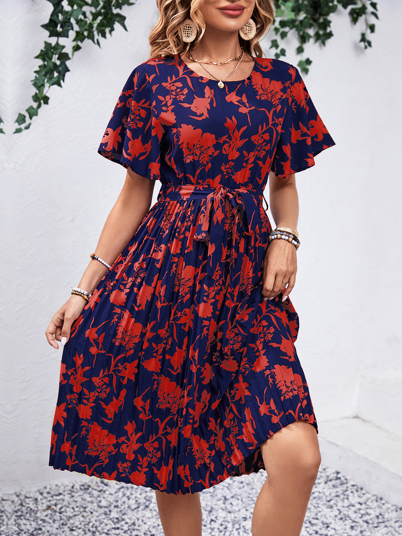 Printed Round Neck Short Sleeve Dress