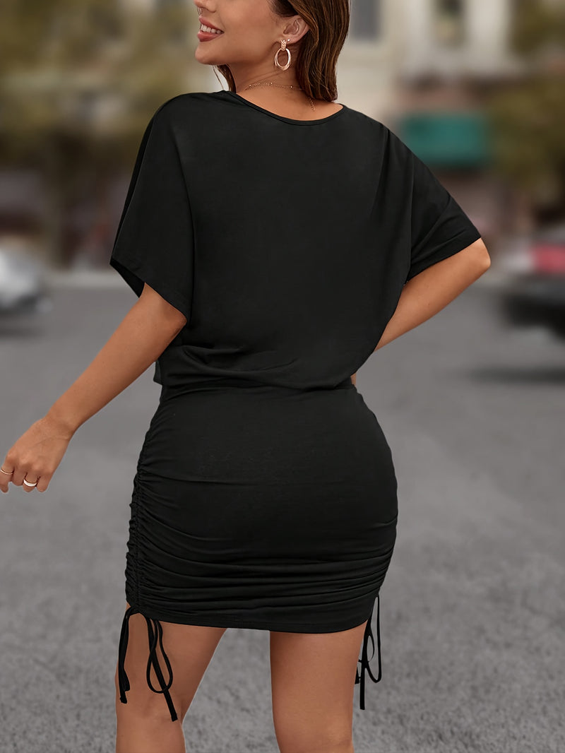 Brief Bodycon Crew Neck Drawstring Ruched Dress - Sexy Batwing Sleeve Polyester Knit Fabric Dress for Spring & Summer - Elegant, Micro Elastic, Customized, Solid Color, No Printing, No Sheer