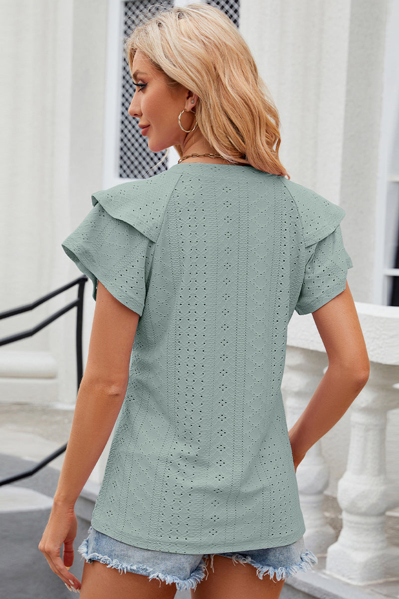 Eyelet Notched Flutter Sleeve T-Shirt