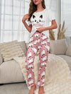 Cute Kitty Print Pajama Set, Casual Short Sleeve Crew Neck Top & Lounge Pants, Women's Sleepwear & Loungewear