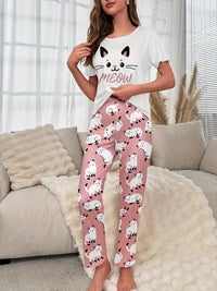 Cute Kitty Print Pajama Set, Casual Short Sleeve Crew Neck Top & Lounge Pants, Women's Sleepwear & Loungewear