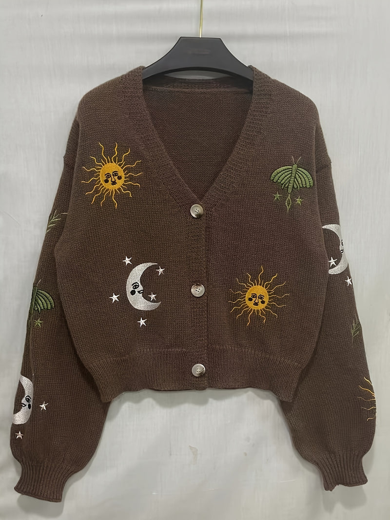 Stylish Sun & Moon Pattern Crop Knitted Cardigan - Chic Button Front, Lantern Sleeve, Cozy, Soft, and Warm for Spring & Fall - Women's Chic Clothing for Everyday Wear