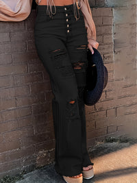 Single Breasted Button Flare Jeans, Ripped Holes Raw Hem Loose Fit Bell Bottom Jeans, Women's Denim Jeans & Clothing