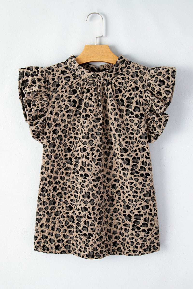 Ruffled Leopard Round Neck Cap Sleeve Blouse