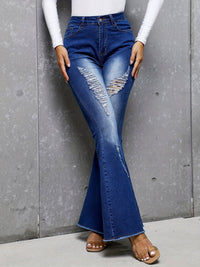 Blue Ripped Holes Flare Jeans, Frayed Hem High-Stretch Slant Pockets Bell Bottom Jeans, Women's Denim Jeans & Clothing