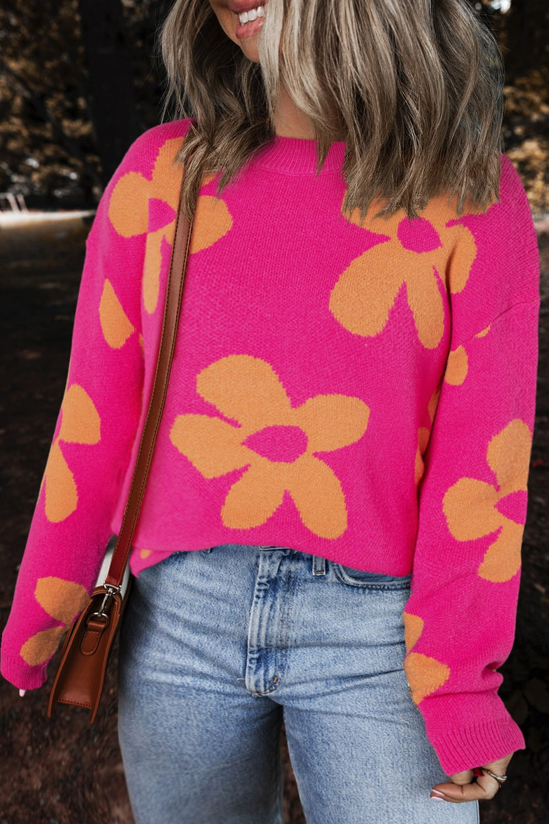 Flower Round Neck Long Sleeve Sweater