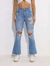 Blue Ripped Holes Flare Jeans, High Stretch Distressed Slant Pockets Bell Bottom Jeans, Women's Denim Jeans & Clothing