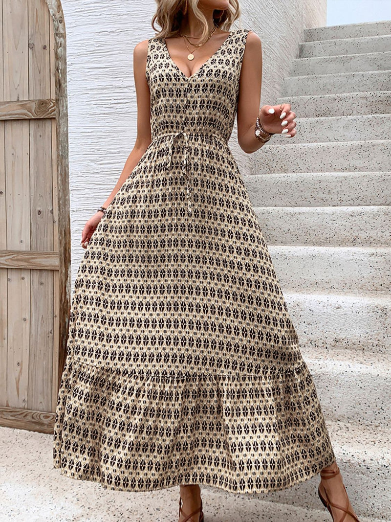 Printed V-Neck Tie Waist Midi Dress