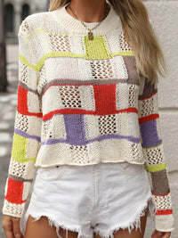 Openwork Color Block Round Neck Sweater