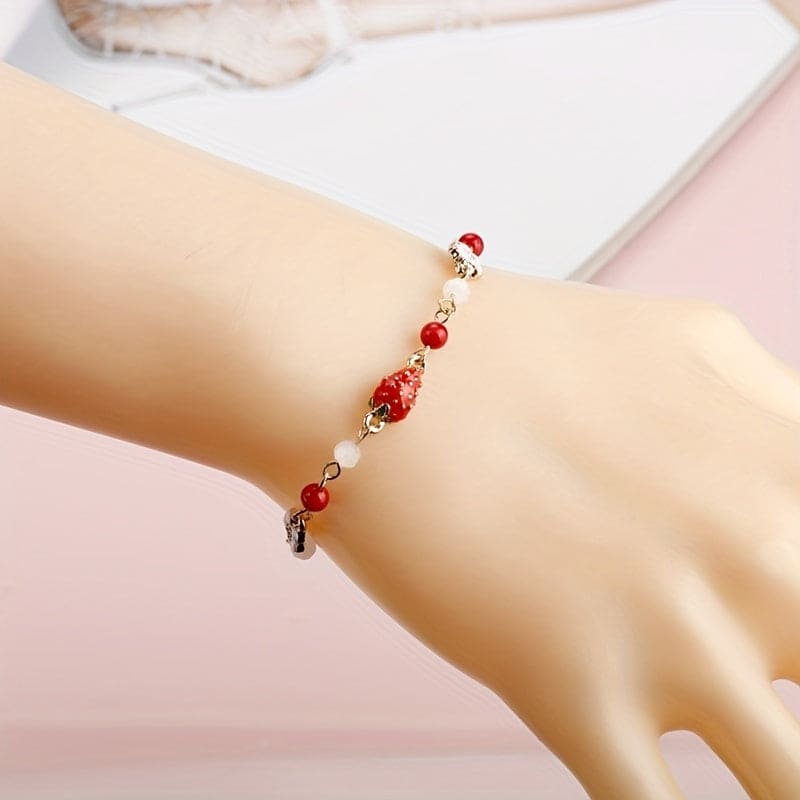 Cute Strawberry Charm Bracelet Elegant Fruit Design Hand Jewelry For Women Girls Gift