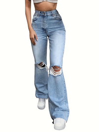 Trendy Ripped Cut Out Flare Leg Pants - Distressed High Waist Denim Pants with Functional Pocket, Stretchy Fabric, and Chic Design for Women's Fashion Clothing