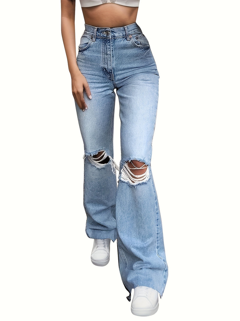 Trendy Ripped Cut Out Flare Leg Pants - Distressed High Waist Denim Pants with Functional Pocket, Stretchy Fabric, and Chic Design for Women's Fashion Clothing