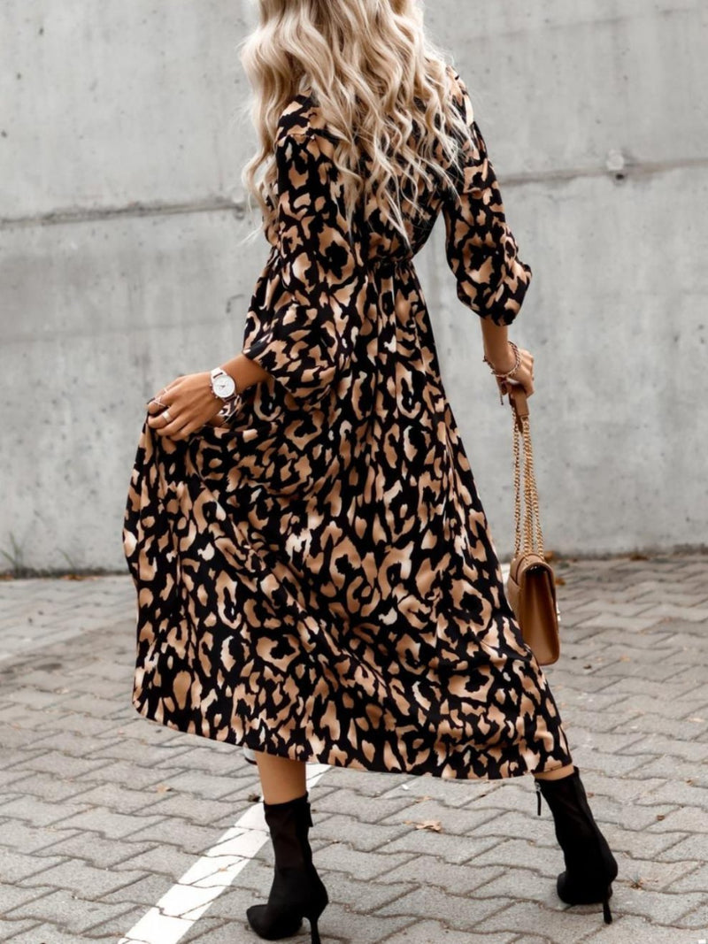 Slit Printed Surplice Long Sleeve Dress