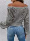 Cozy Pointelle Knit Crop Sweater - Chic Off-Shoulder Design, Relaxed Casual Long Sleeve, Versatile for Spring & Fall, Womens Clothing, Everyday Wear